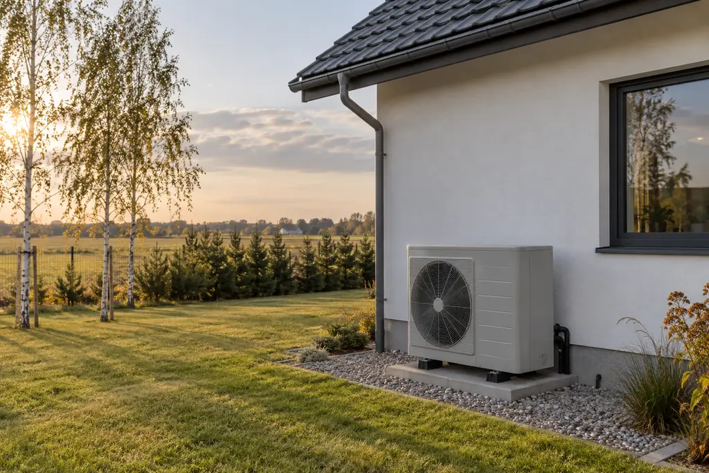 Heat pump outdoor unit next to a house wall