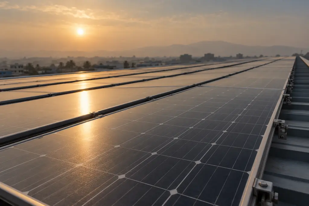 Rows of solar panels on a roof in low evening sun