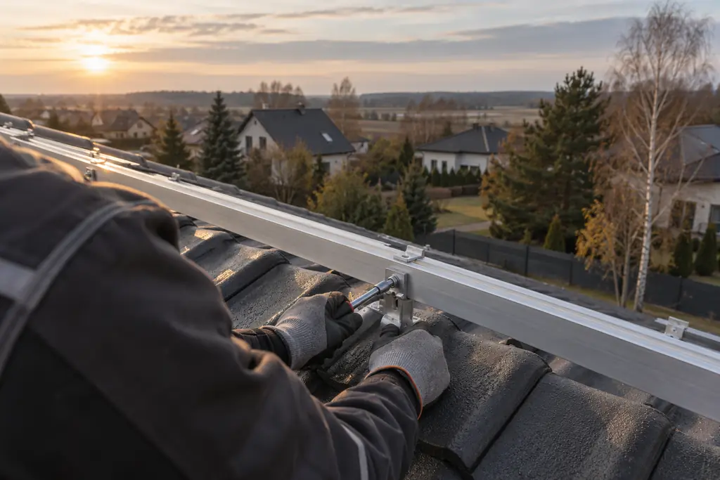 Gloved hands fastening a mounting rail on a roof at sunset