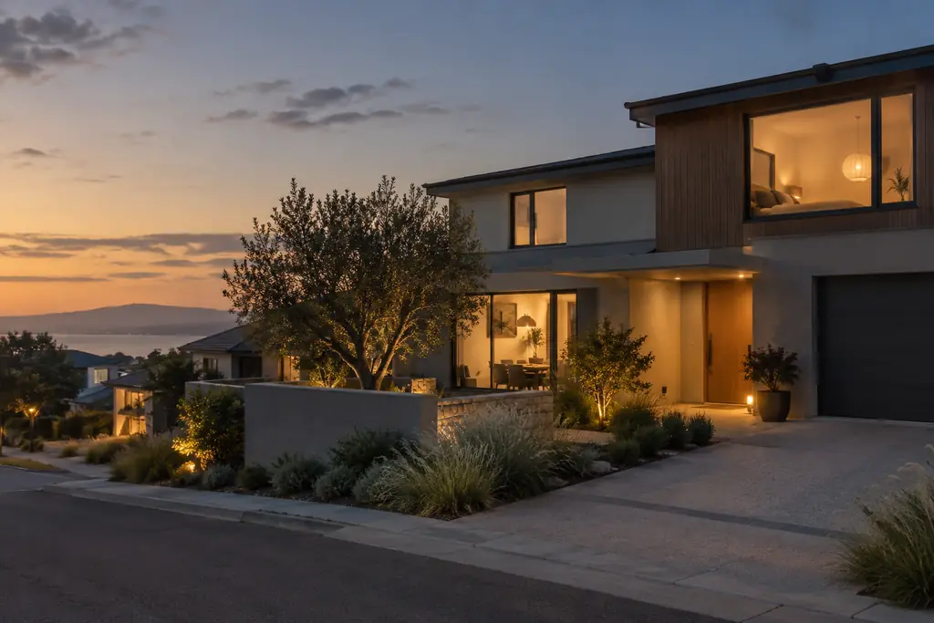 Family house at dusk with warm light in the windows