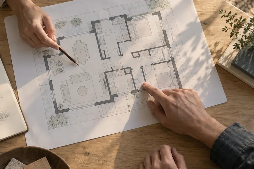 Hands pointing at a house floor plan on a table