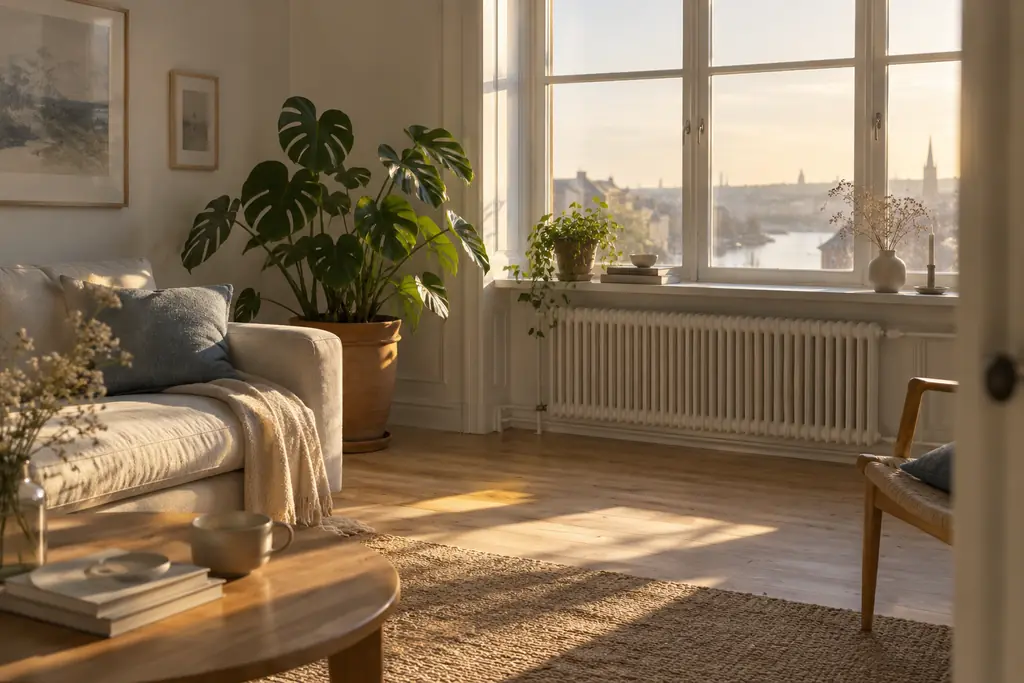 Calm living room with a radiator under a sunlit window