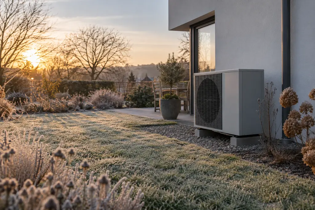 Heat pump outdoor unit beside a house on a frosty morning