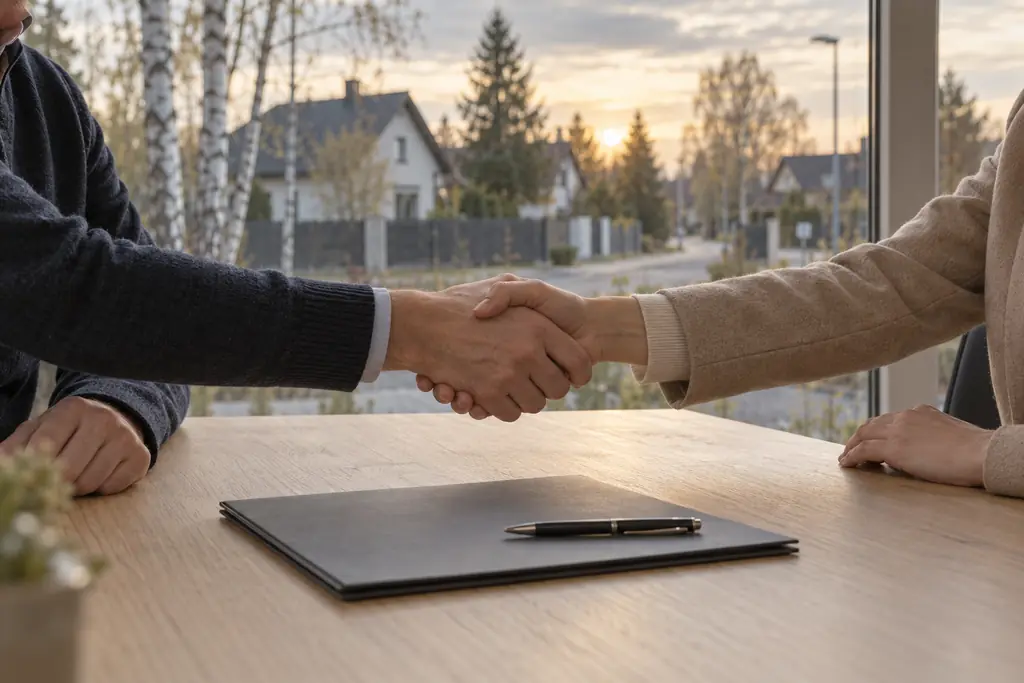 Two people shaking hands across a table with a folder