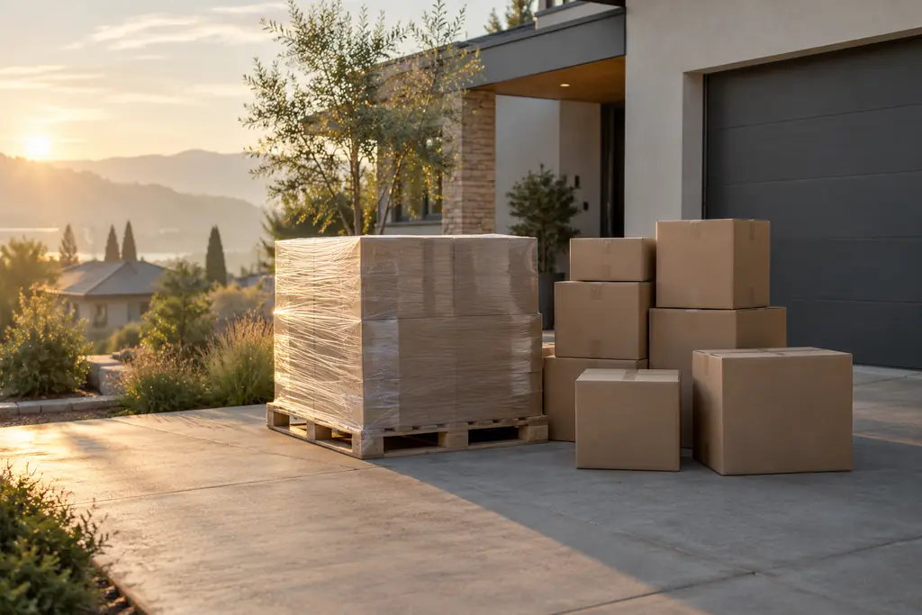 Packed boxes on a pallet in front of a family house